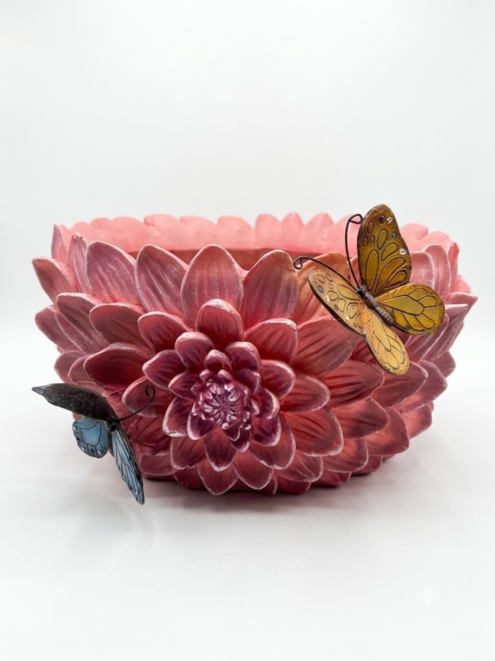 NEW Pink Floral Dahlia Planter Pot with Butterfly Accent